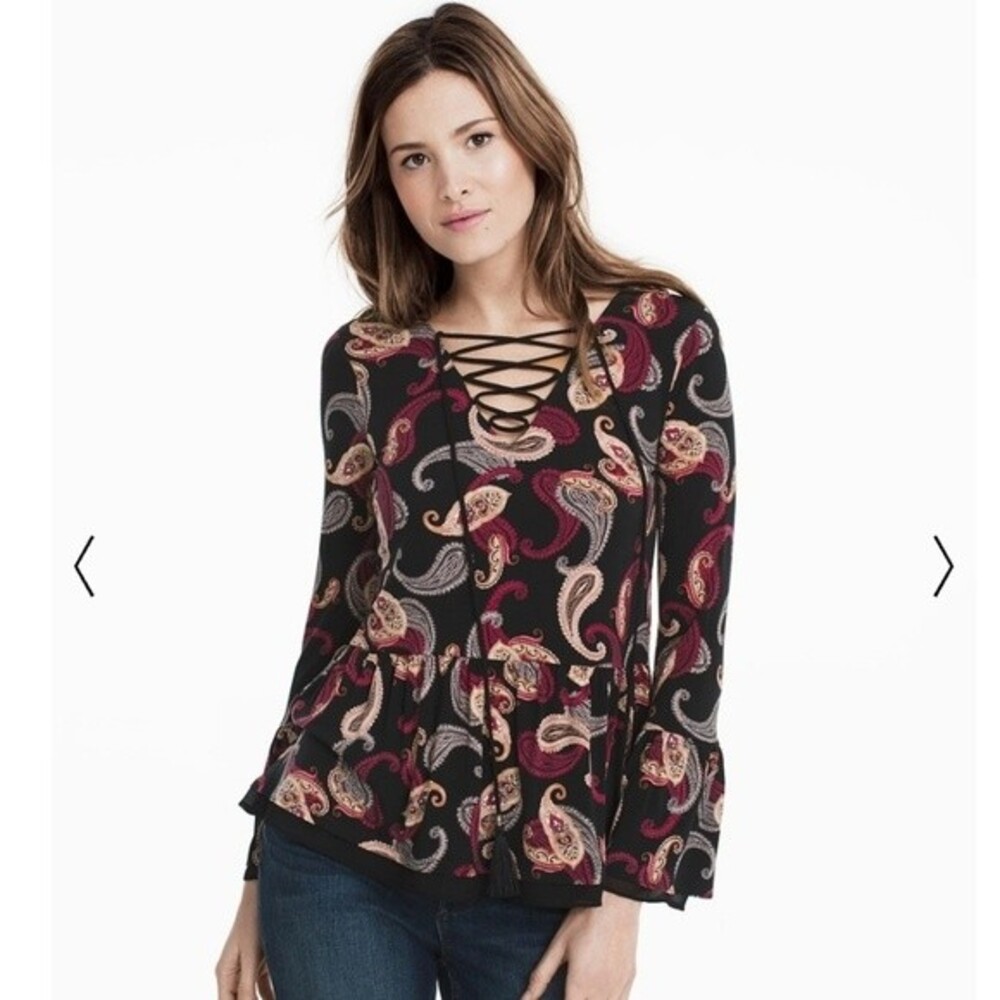 White House Black Market Black Paisley Lace-Up Peplum Blouse